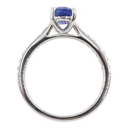 18ct white gold single stone oval sapphire ring, with diamond set shoulders, hallmarked, sapphire approx 1.25 carat