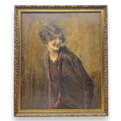 Isaac Michael Cohen (Australian 1884-1951): Portrait of Smiling Girl with Red Scarf, oil on canvas signed with monogram, with James Bourlet & Sons label verso 76cm x 63cm 
