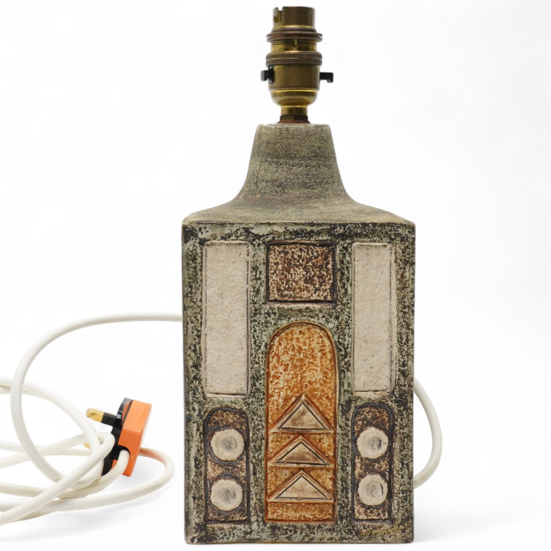 Alison Brigden (AB) for Troika, 1977-83, Square lamp base with incised geometric decoration H23cm excluding fitting