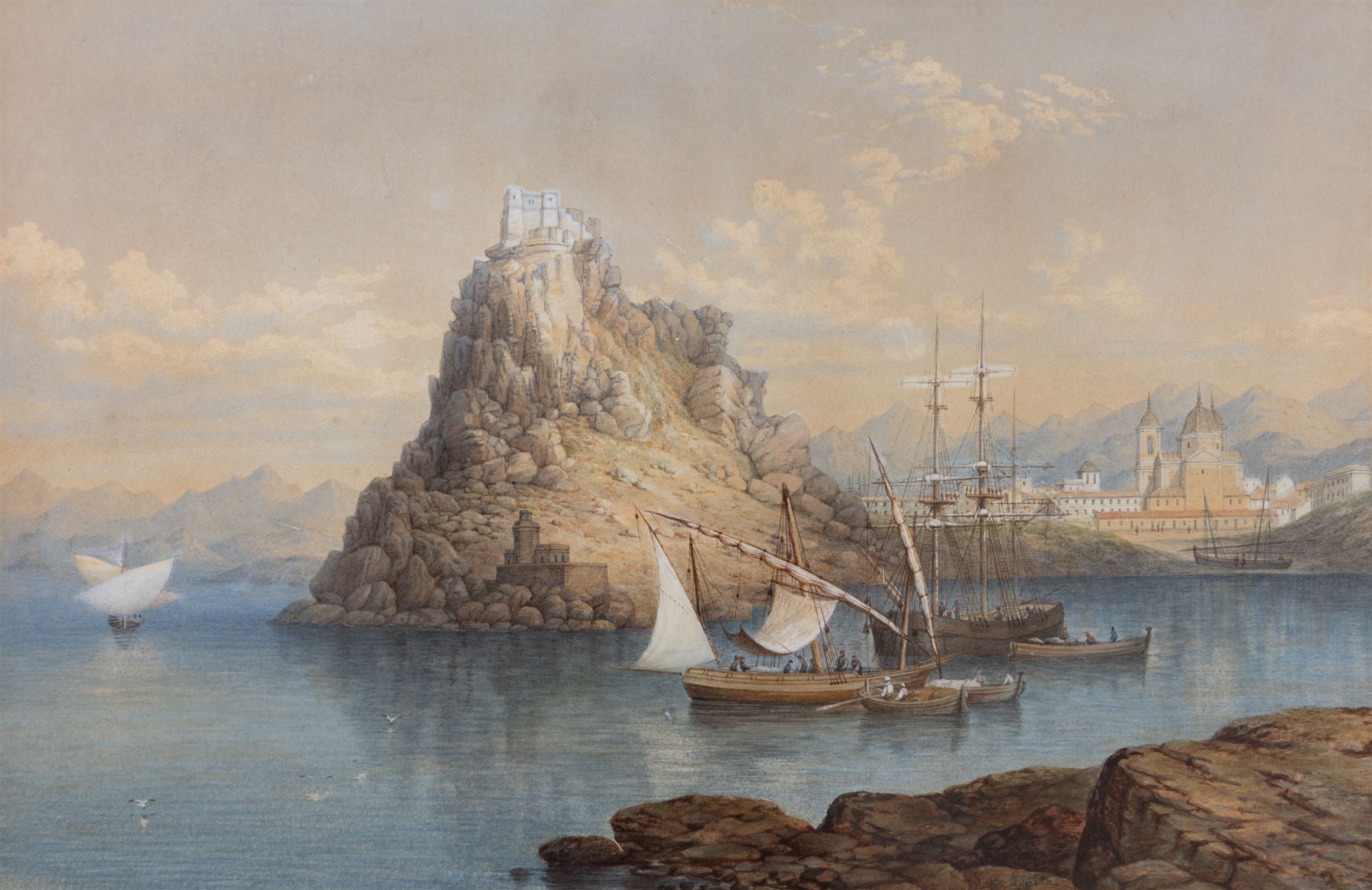 Circle of Thomas Charles Leeson Rowbotham (British 1823-1875): 'Aguilas' Spain, watercolour heightened with white and indistinctly signed with monogram, 36cm x 55cm 