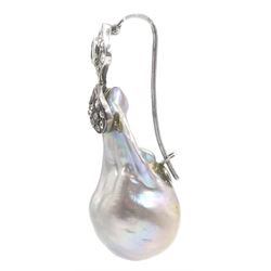 Pair of unusual South Sea pearl and diamond pendant earrings, with shepherds hook 