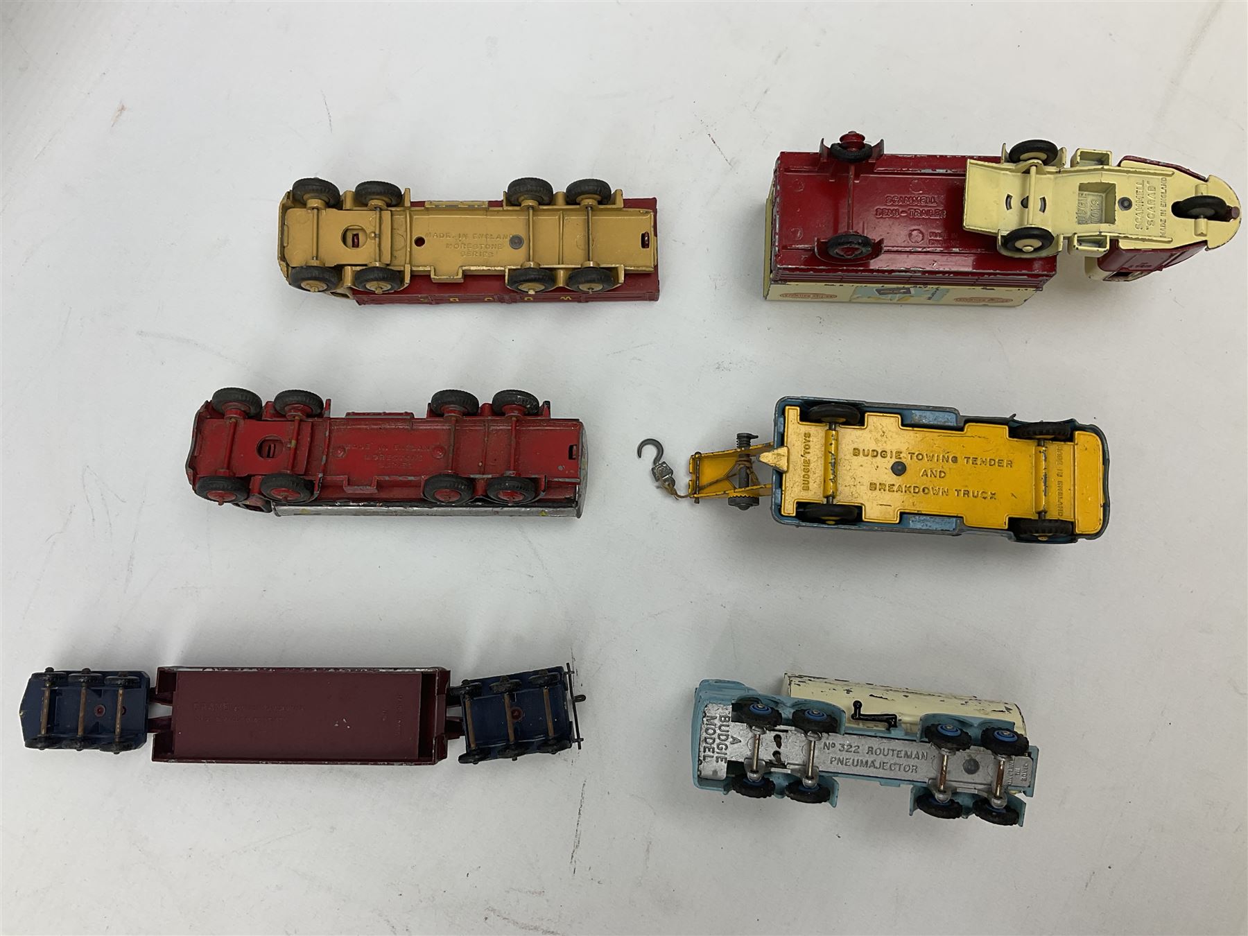 Budgie - five unboxed and playworn die-cast commercial vehicles comprising Scammell Scarab with BR Semi-Trailer, Volkswagen Pick-Up, Towing Tender & Breakdown Truck, Highwayman Transporter No.326 and Routeman Pneumajector No.322; Morestone G&E Wood open lorry and Petrol Tanker; nine early Lesney models; and small quantity of others by various makers
