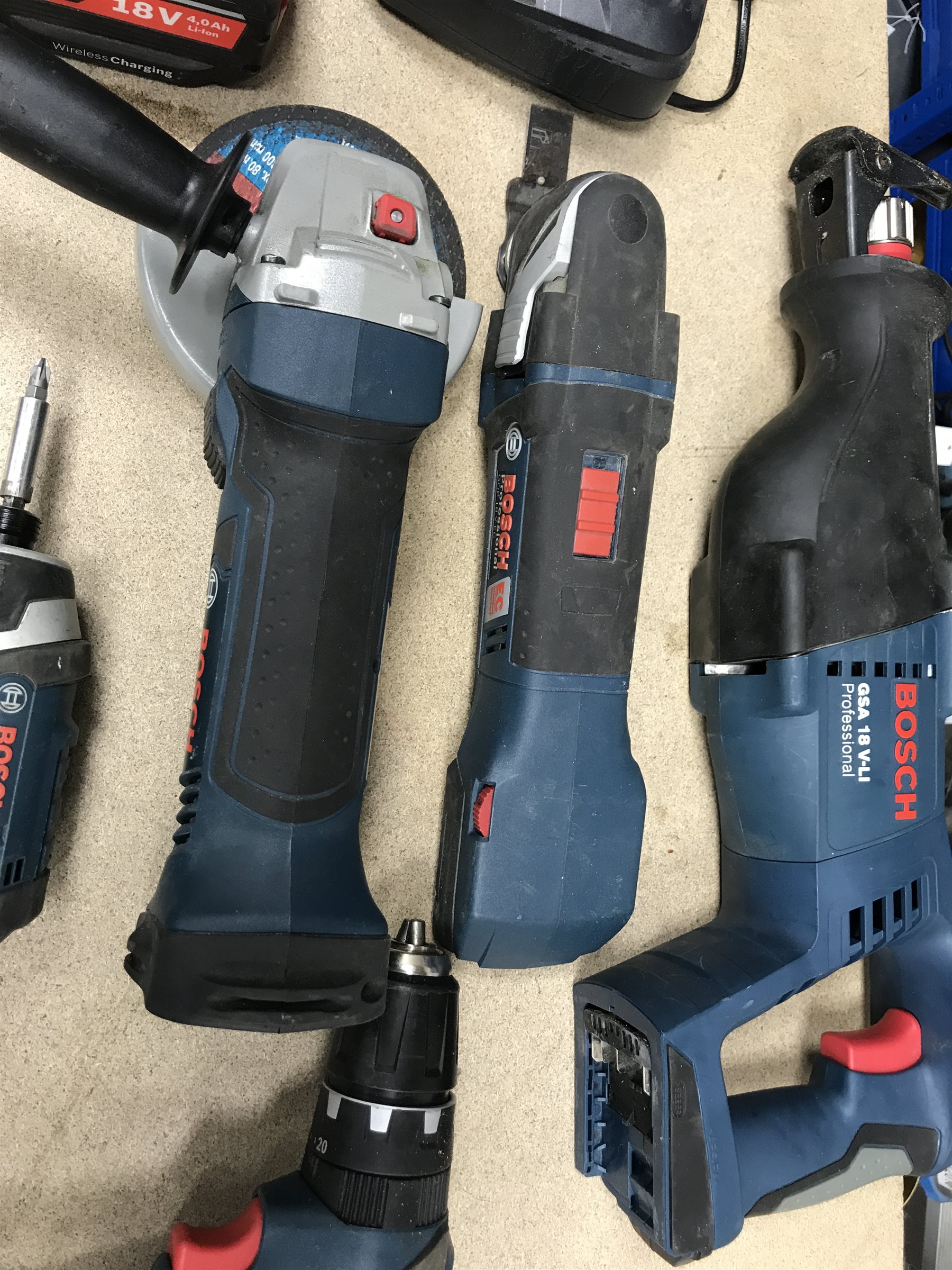 A quantity of Bosch Professional power tools including the GSB 182LI plus drill, GOP18V VEC