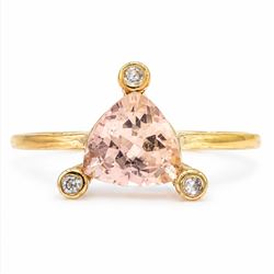 9ct rose gold morganite and diamond ring, set with a single trillion cut morganite and thr...