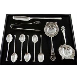 Silver marrow scoop by Mappin & Webb Ltd, Sheffield 1977, two silver tea strainers set of six silver coffee spoons and a pair of silver sugar nips, all hallmarked, approx 7.8oz  