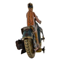Tipp & Co tinplate clockwork motorcycle no. T686, the motorbike in dark blue with Dunlop cord wheels in cream, the civilian rider in orange clothing, H12.5cm ,W19cm