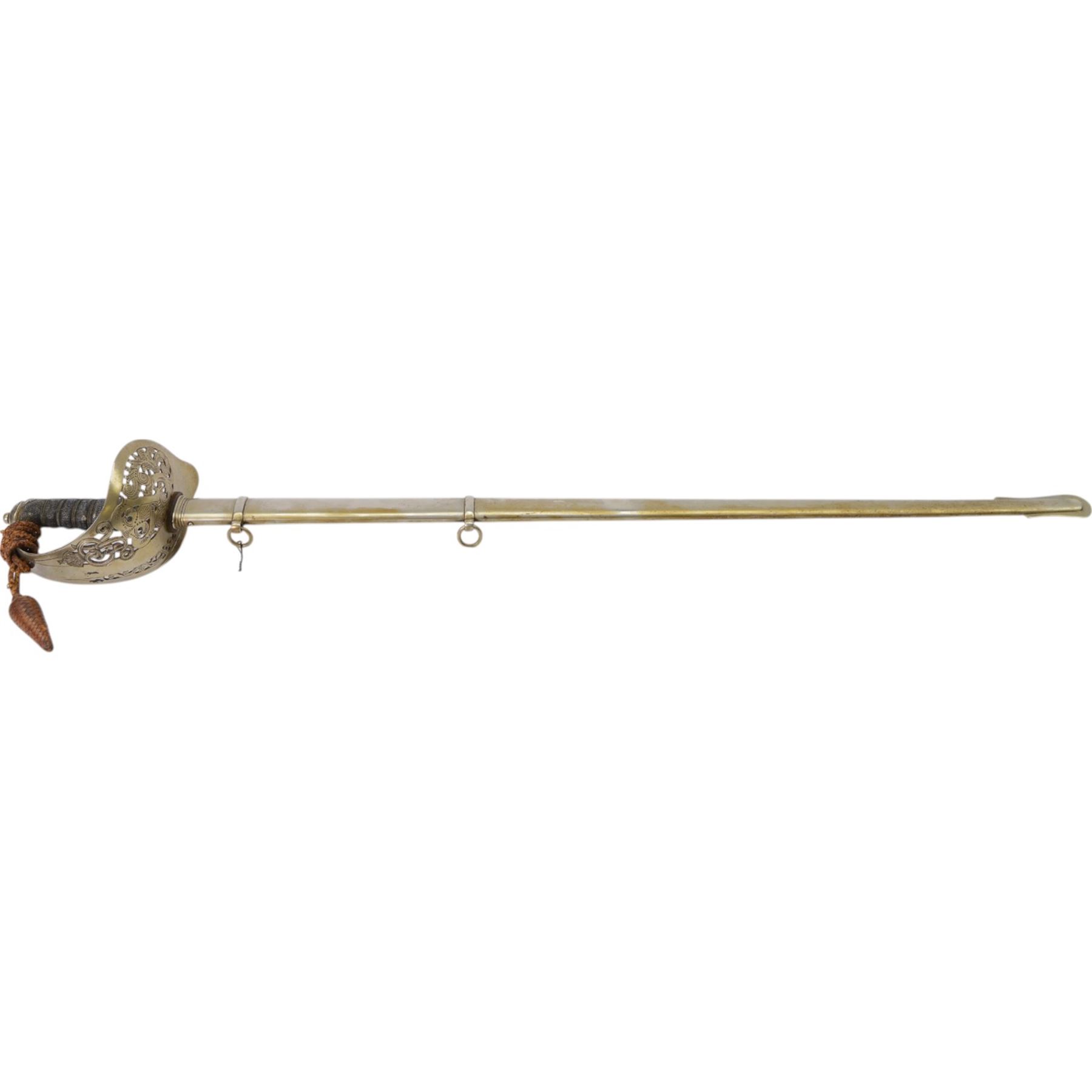 George V British infantry officers sword, made by Rob Mole & Sons Birmingham, the 82cm etched blade with makers mark 'Robert Mole & Sons Makers to the The War & India Offices', with brass inset proof mark, numbered M6855 on spine, the full guard with pierced scrolling decoration and George V cypher, shagreen covered grip with silver wires, with leather sword knot attached, in steel scabbard with suspension rings, overall L100cm
