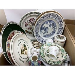 Quantity of various ceramics and glassware to include pair of Disney Mickey and Minnie Mouse cowboy Sherriff figures, stamped Japan beneath, Mason's ironstone, Wedgwood, Portmeirion, tea and dinner wares, collectors plates, glass animals etc in four boxes