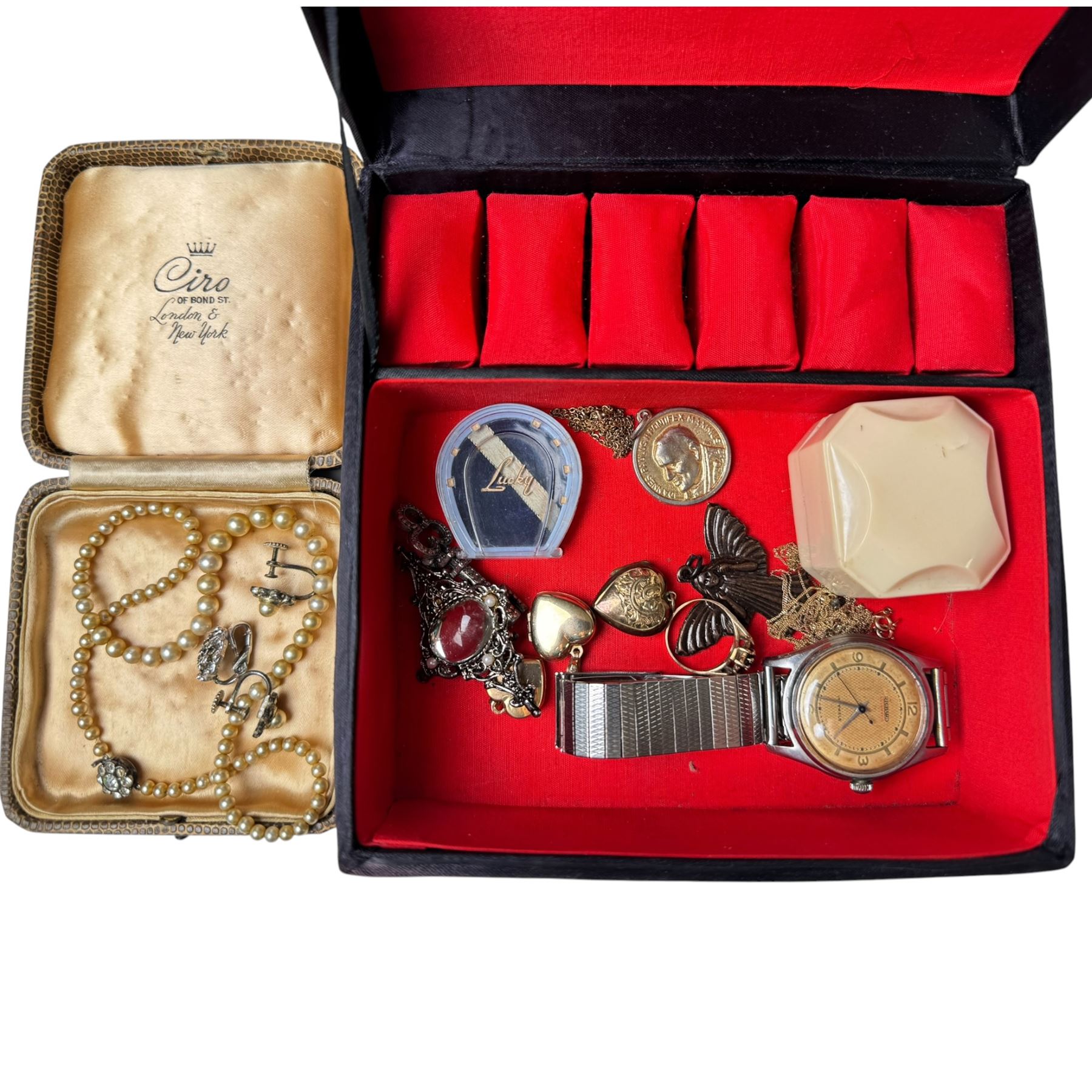 18ct gold diamond chip ring, 9ct gold garnet ring, two 9ct gold heart lockets and chain links, together with Richard automatic wristwatch and costume jewellery