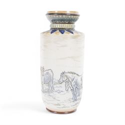 Doulton Lambeth sgraffito vase decorated by Hannah Barlow, decorated with a cattle and hor...