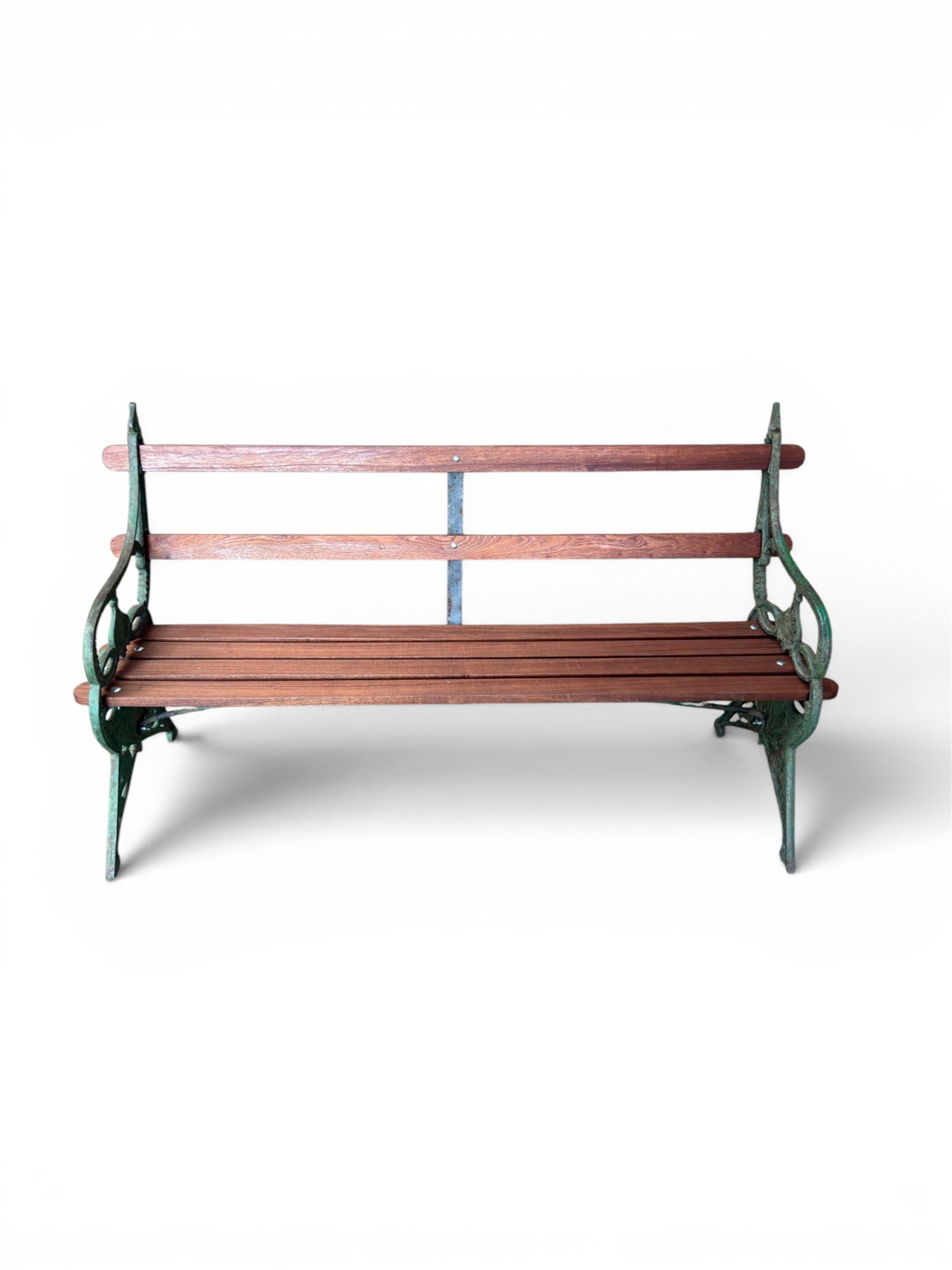 Coalbrookdale - Lily Pad design cast iron an wood slatted garden bench, late 19th century Aesthetic Movement, no. 217569, distressed green paint, iron centre support and seat stretcher, hardwood slatted