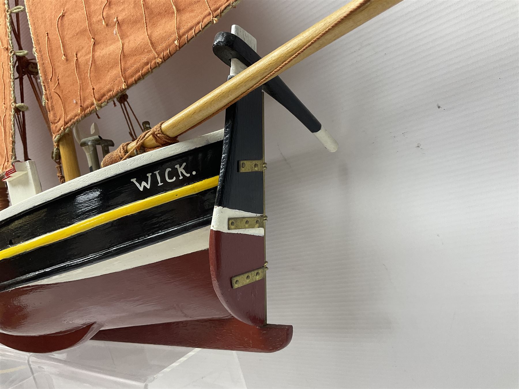 Wooden model of the Peterhead Herring Fishing Boat, Love Divine, PD404. on stand together with Wick Herring Fishing Boat, Galilee WK.1. on stand, L105cm, H64cm