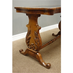  Victorian figured pollard oak library table, serpentine top with inset leather, shaped end supports with acanthus carved mounts, connected by turned stretcher, 123cm x 64cm, H71cm  