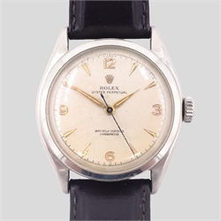  Gentleman's Rolex Oyster Perpetual official certified chronometer manual stainless steel 1952 no 852265 movement no. F.66374 with original Rolex certificate, guarantee and case, purchased G.C. de Silva & Bros 3 Raffles Place Singapore 1954  
