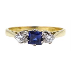Gold square cut sapphire and diamond three stone ring, stamped 18ct
