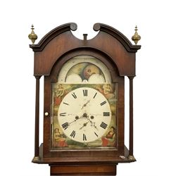 Ralph Weston (III) of Wolsingham (Co Durham)  -  Mahogany cased 30-hour Longcase clock, broken arch pediment with brass paterie and two ball and spire finials, break arch hood door flanked by reeded pilasters with brass capitals, trunk with canted corners and long flat topped door, rectangular plinth raised on bracket feet, painted dial with depictions of the four seasons to the spandrels and a working moon disc to the arch, with Roman numerals, dummy winding arbors, dummy seconds dial, calendar dial and steel hands, Dial pinned directly to a countwheel striking chain driven movement, with weight and pendulum.  
The Weston family of County Durham clockmakers were highly prolific family of North-Eastern clockmakers during the 18th and 19th century, Well known for producing many Thirty-Hour clocks with 