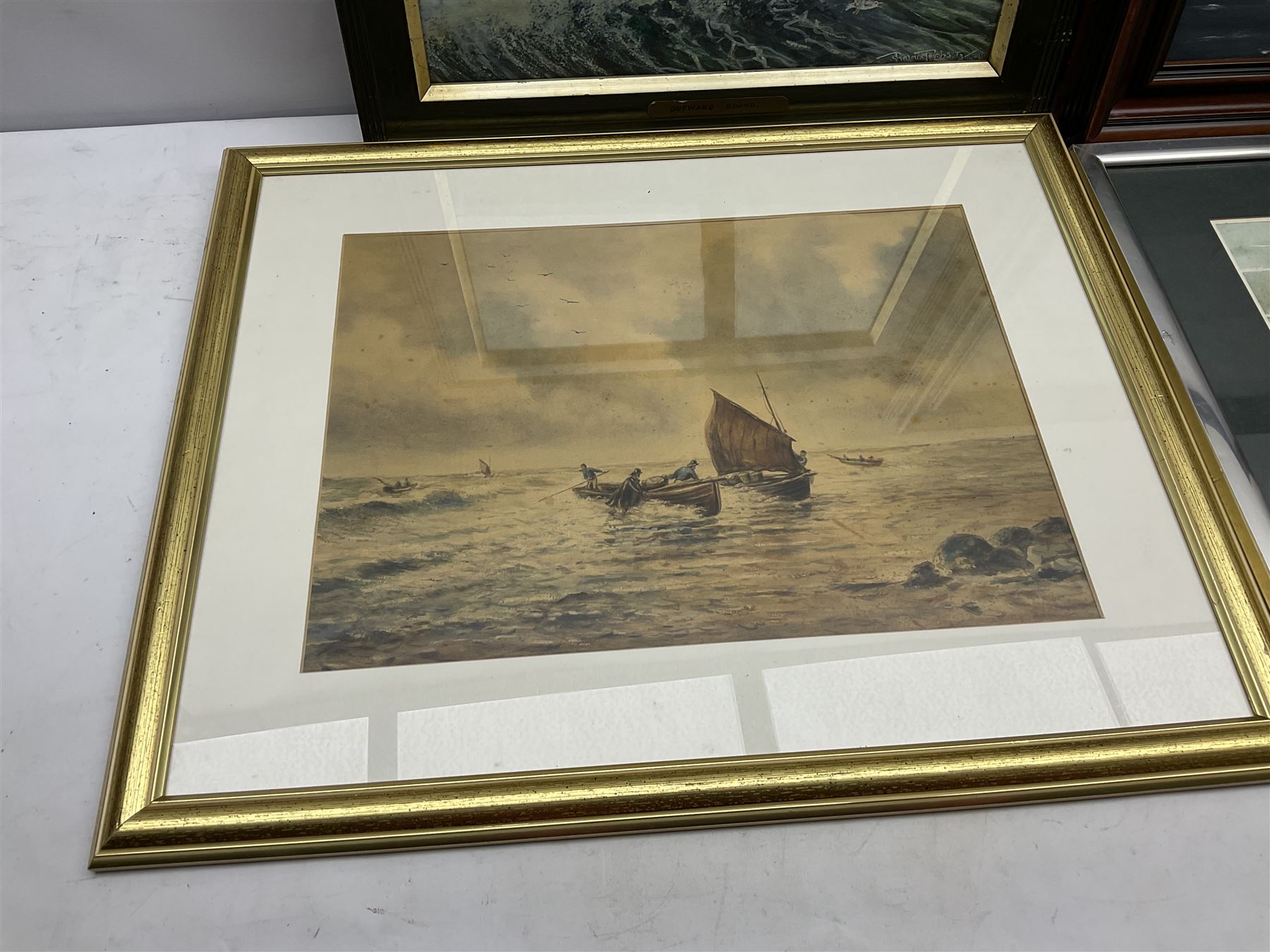 Barry Claughton (20th century): Cobbles at North Landing Flamborough, watercolour signed 23cm x 33cm; Landing the Catch, 19th/20th Century watercolour unsigned 28cm 39cm; Outward Bound, watercolour signed by S Barnes Robson 29cm x 37cm; Les Pearce (20th century): Thames Sailing Barge Race, oil on board signed  39cm x 49cm (4)