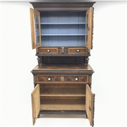 19th century scumbled pine continental side cabinet, shaped cresting rail, two glazed cupboards enclosing shelves, two drawers above base with two drawers and two cupboards, W114cm, H238cm, D61cm