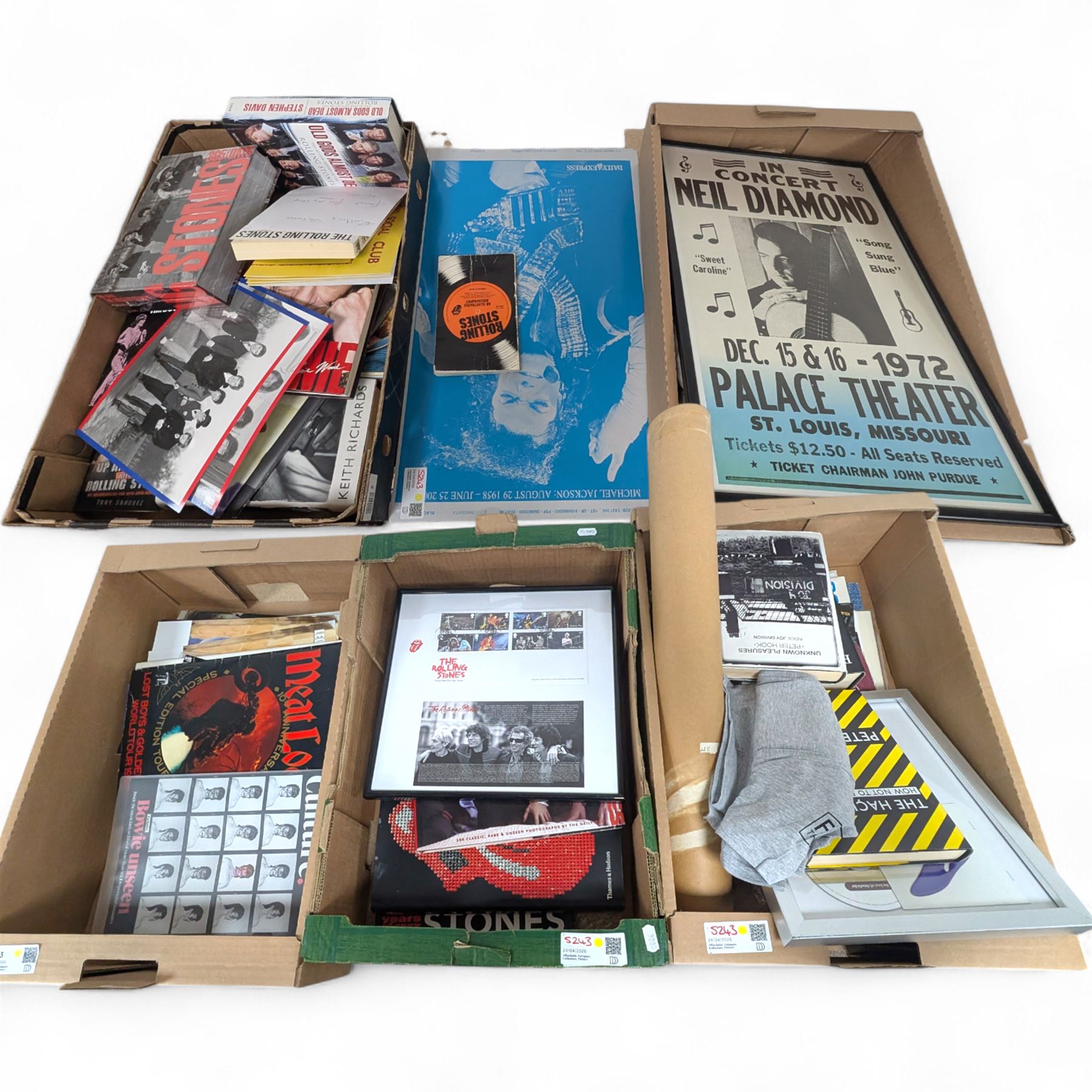 Collection of music memorabilia, including signed Peter Hook memorabilia, Status Quo, Rolling Stones, Neil Diamond, Joy Division tshirts, posters, books, etc