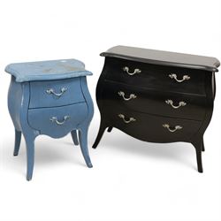 French design black finish bombe chest, shaped moulded top over three drawers, on splayed feet; and a painted bombe chest (2)