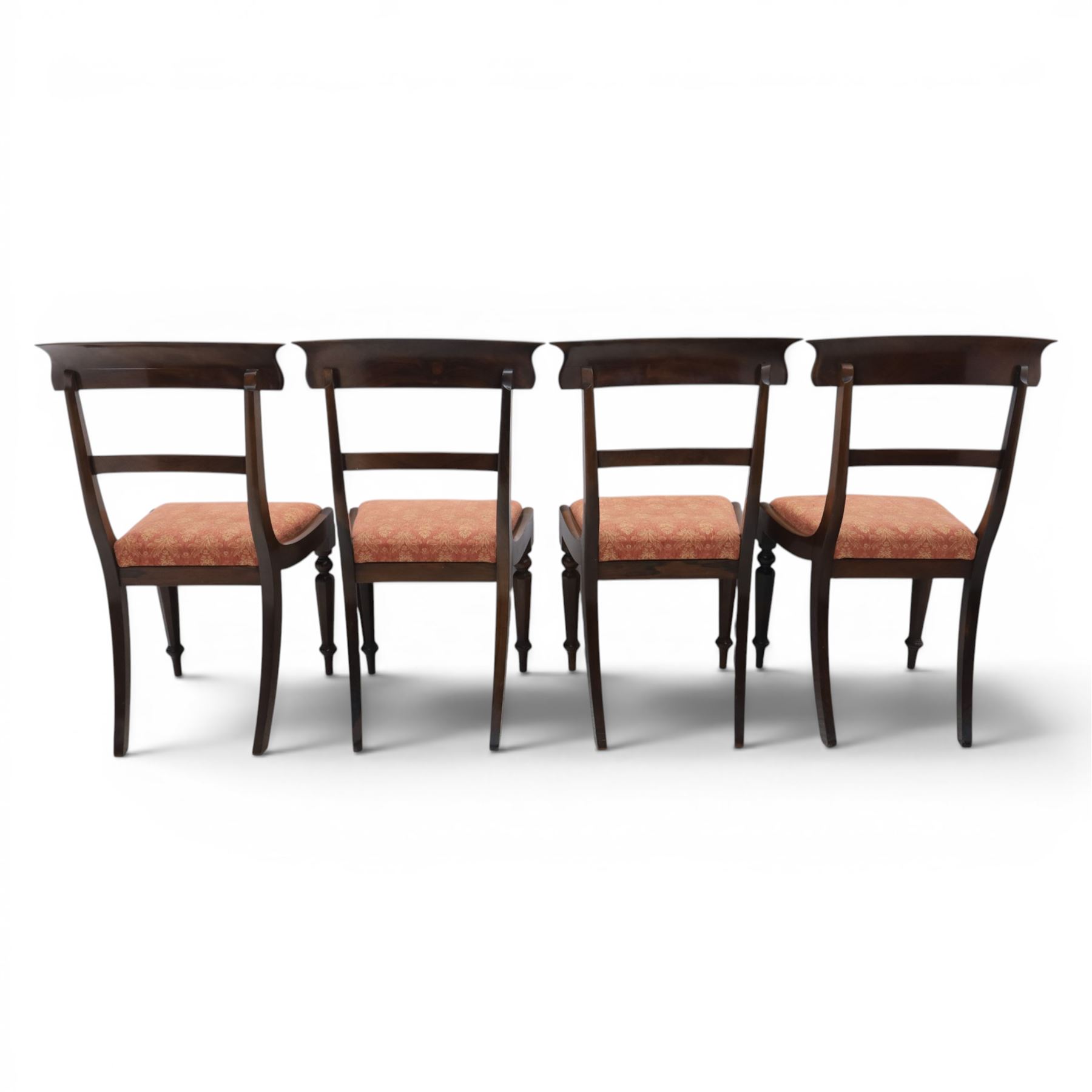 Set of eight 20th century solid rosewood dining chairs, upholstered drop in seats, on oak stretchers, made by Gott's of Pickering and T Feetam of Hull, stamped on all chairs, seat height 47cm