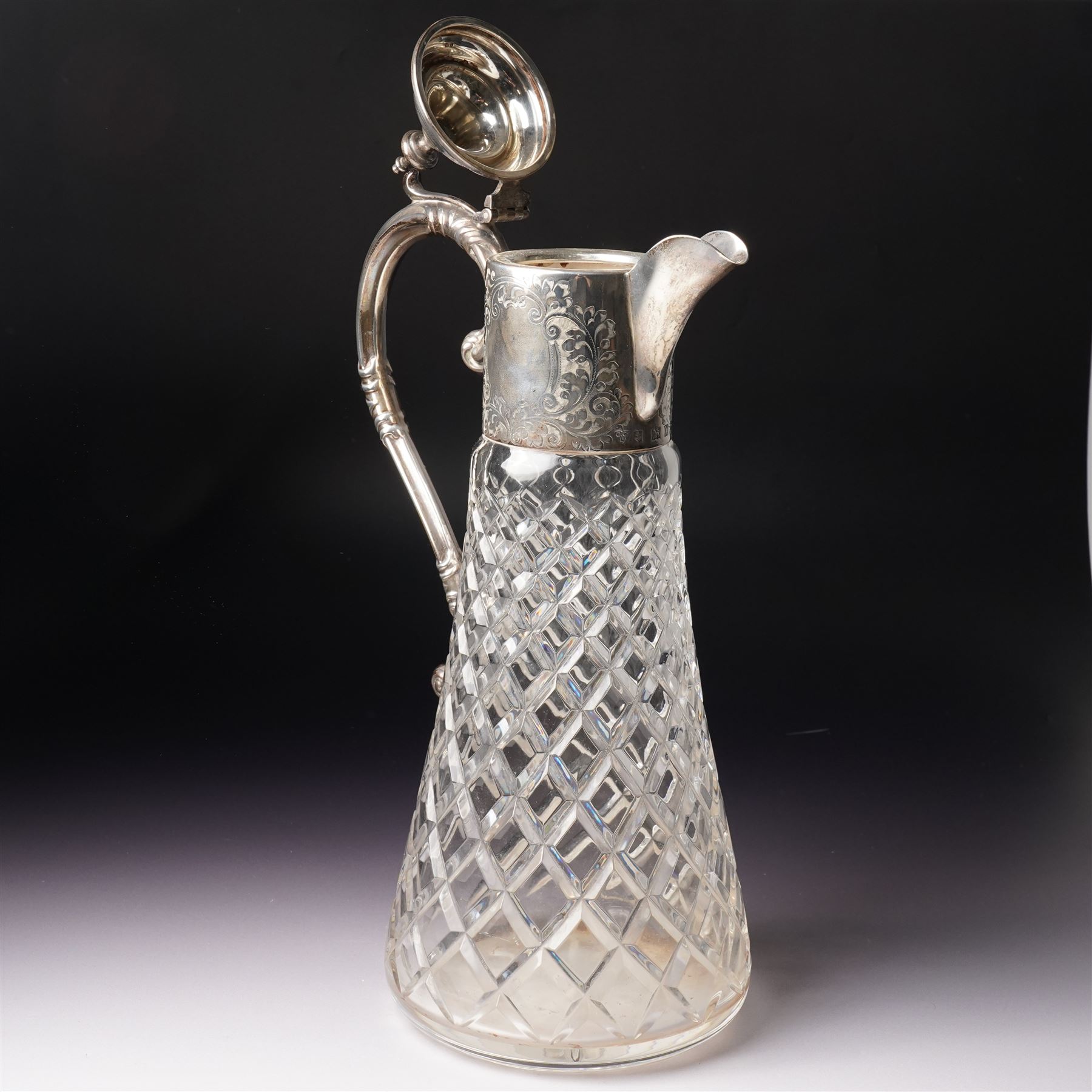 Glass claret jug with engraved silver mounts Birmingham 1972 Maker Garrard & Co. Ltd