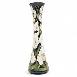 Moorcroft Buckingham Orchid pattern vase, of elongated waisted form, signed by Rachel Bishop, painted marks to base, H31cm 