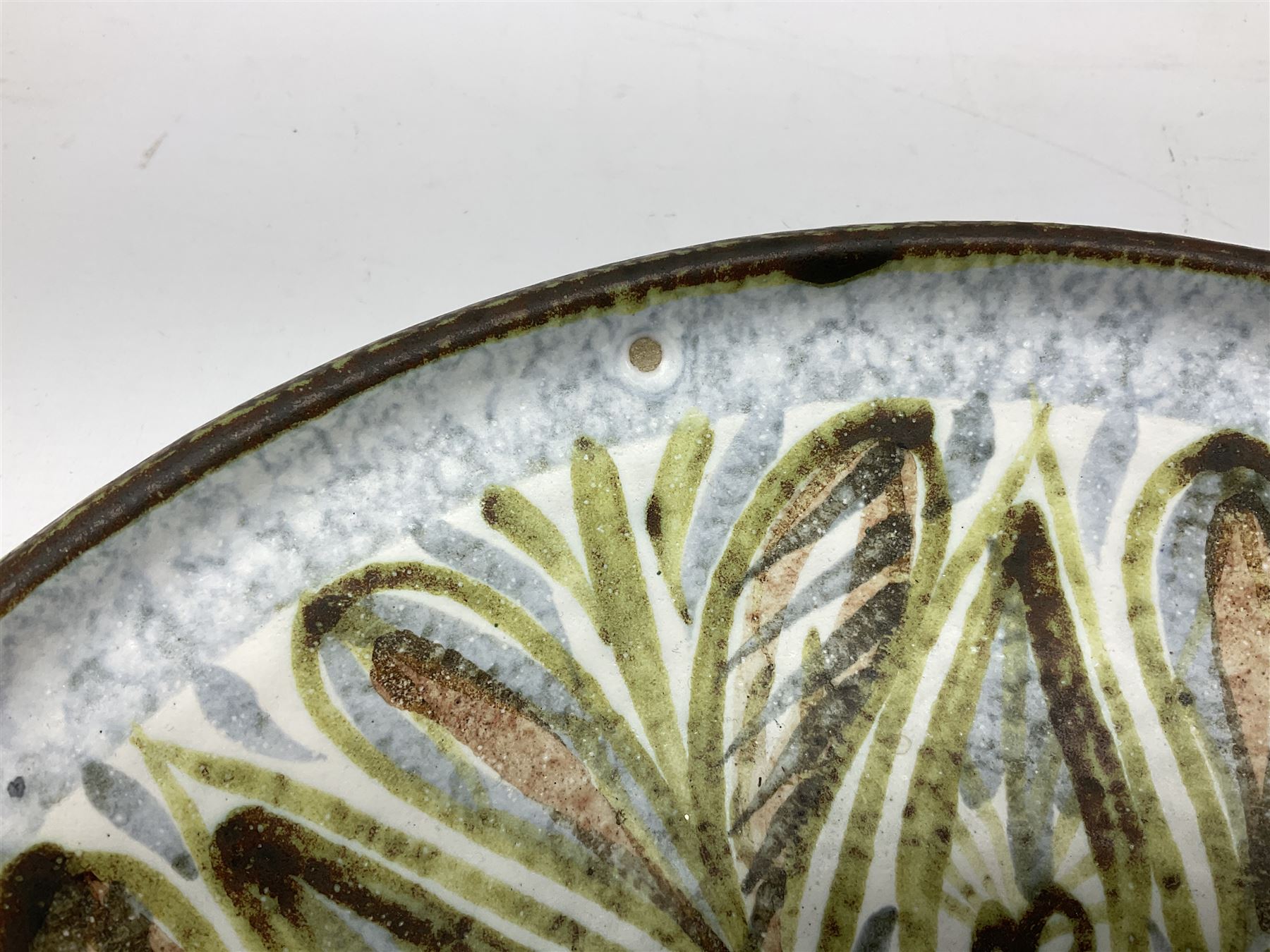 Three pieces of Denby stoneware, comprising Glyn Colledge vase,  H30cm, Glyn Colledge dish, D32cm, and further similar vase 