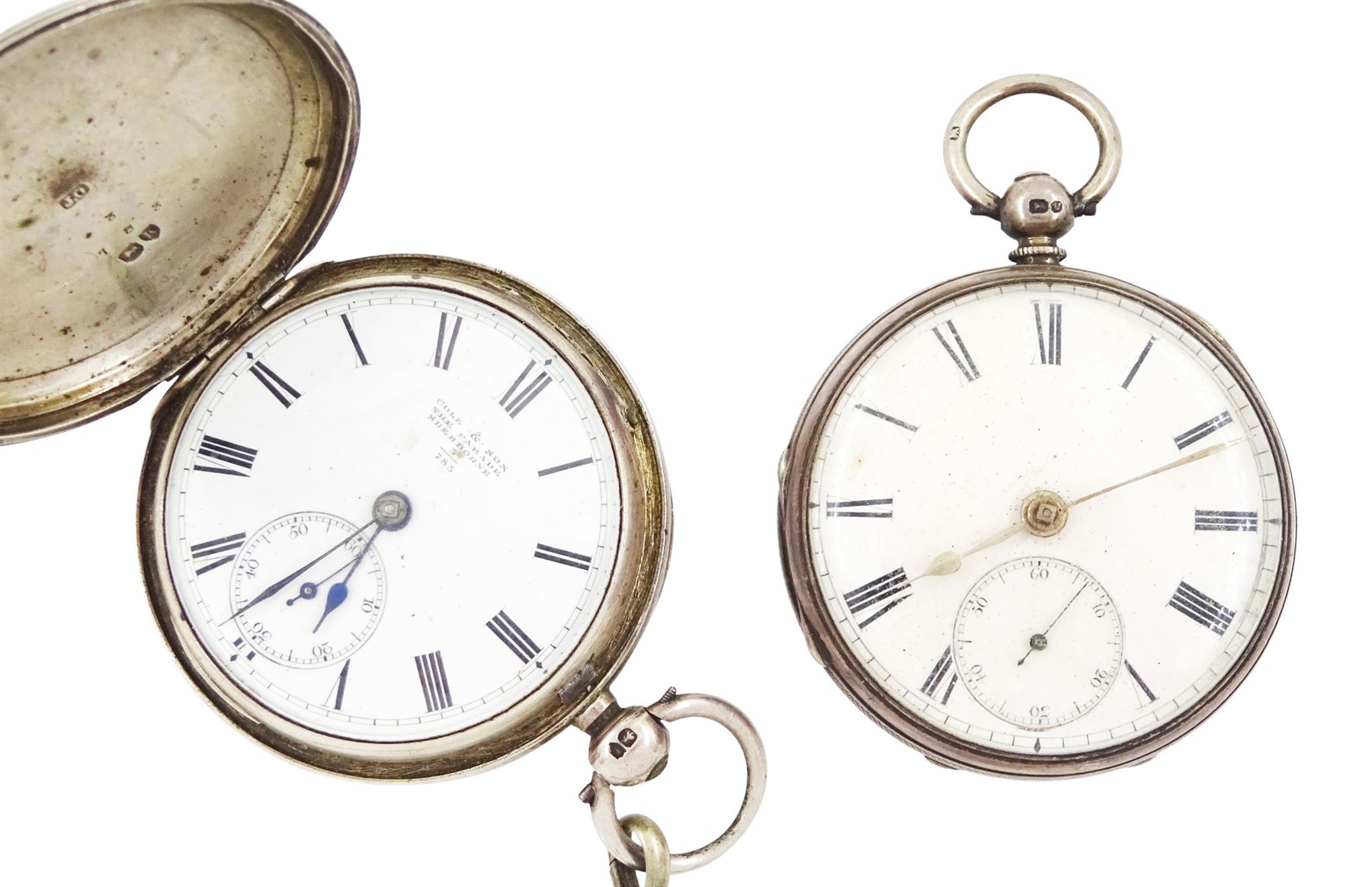 Victorian silver full hunter key wound fusee lever pocket watch by Cole & Son, Sherbourne, No. 783, case by James Oliver, London,1885 and one other silver open face fusee lever pocket watch, both with white enamel dials, Roman numeral hour markers and subsidiary seconds dials and two silver Albert chains with fobs