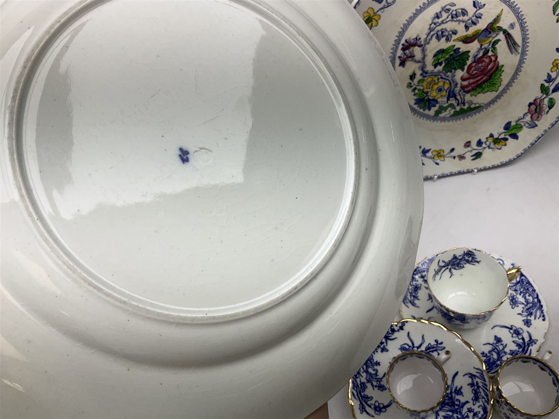 Spode Italian pattern bowl, with blue print beneath, together with a Spode Blue Tower pattern cake plate, and  other blue and white wares to include Wedgwood, Burleighware etc