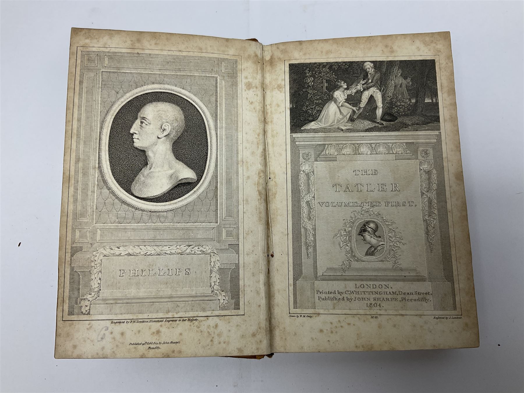 THE TATLER, London, C. Whittingham and John Sharpe, 1804, 4 volumes; engraved portrait frontispieces, engraved title pages and plates; uniformly bound in half leather with marbled boards