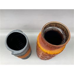 Two large West Germany pottery vases of cylindrical form with black and orange moulded decoration, with impressed marks beneath, largest H