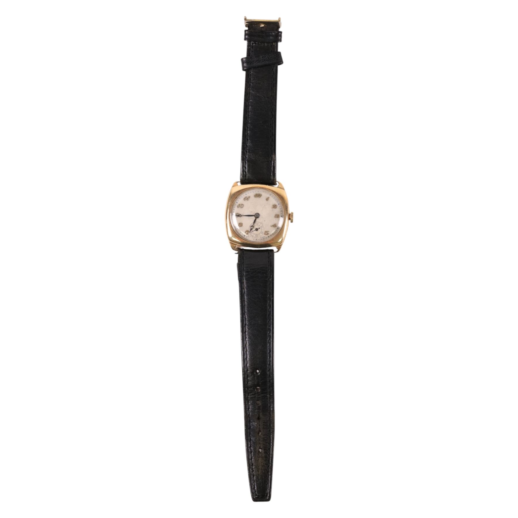 Early 20th century 9ct gold manual wind wristwatch by V.W Ltd, silvered dial with subsidiary seconds dial, Birmingham 1934