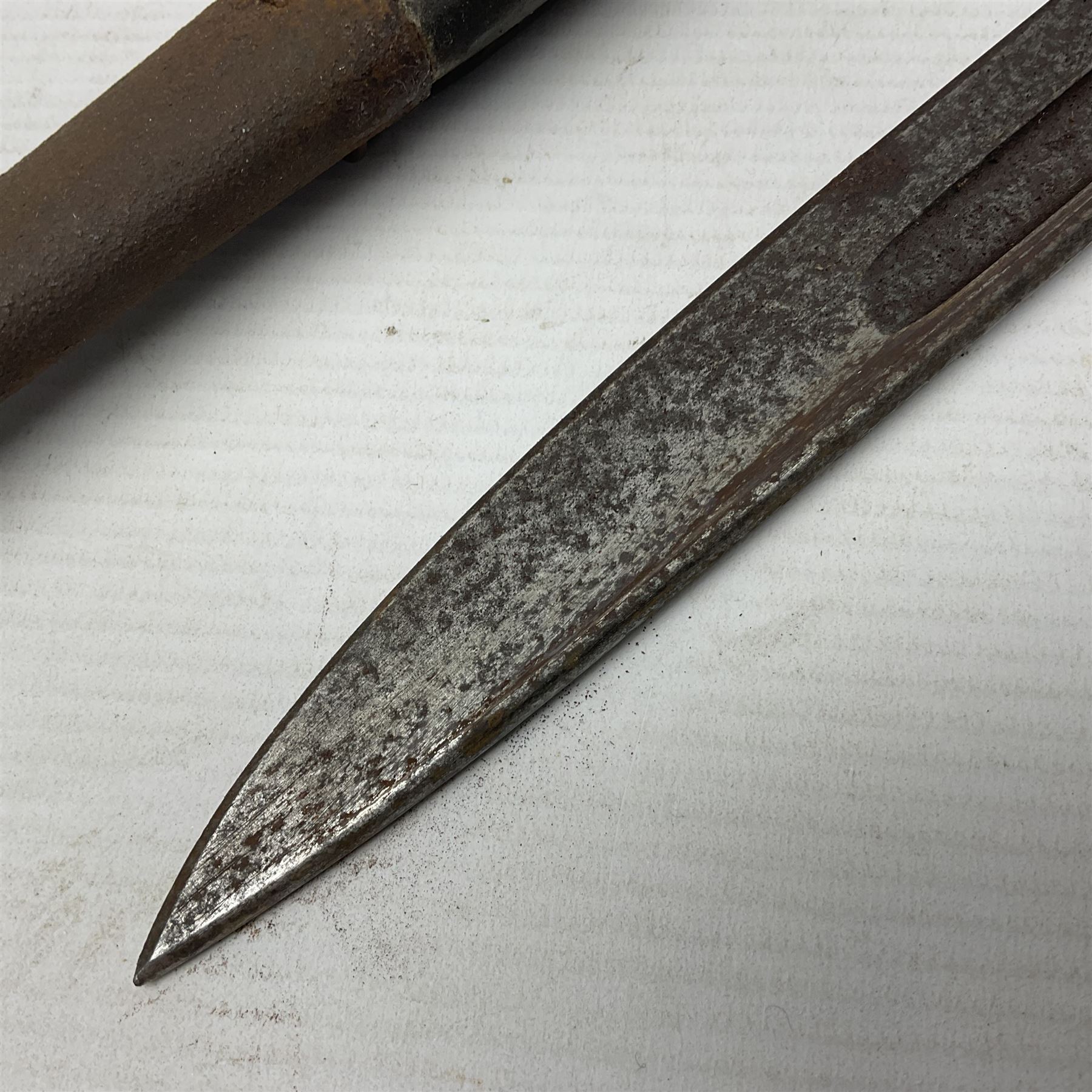 WWI Remington Pattern 1913 bayonet, the 43cm fullered blade with various marks to the ricasso including date code 11 16; in leather covered scabbard with various stamps including JWB 17 L58cm overall; and a French Model 1866 sabre bayonet (no scabbard)