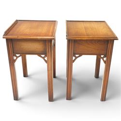 Pair of mahogany bedside tables, with quarter galleried top, single drawer with brass swan neck handle, pierced spandrels on fluted square supports  