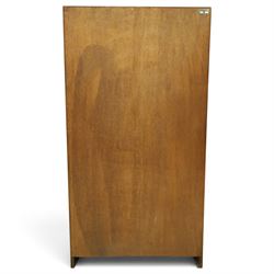 Herbert E Gibbs - Mid 20th century teak glazed bookcase cabinet, rectangular form with two sliding glazed doors enclosing adjustable shelves, lower cupboard enclosed by twin doors and fitted with internal shelf, on plinth base