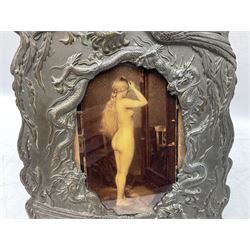 Japanese bronzed antimony frame, decorated with dragons and ho ho birds, easel stand to reverse, containing Continental crystoleum of female nude, H24cm