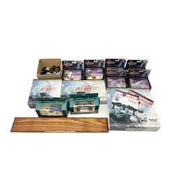 Corgi - six Fighter Scramble die-cast models of military aircraft; two Legends of Speed die-cast racing cars; three Atlas Editions Jet Age Military Aircraft die-cast models; all boxed; and Corgi Classic British Sports Car Collection on oak plinth