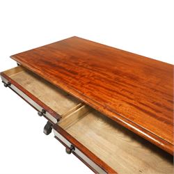 Victorian mahogany hall table, rectangular top with moulded edge over two frieze drawers with turned knob handles, raised on ring turned legs with bun feet, united by a ring turned stretcher