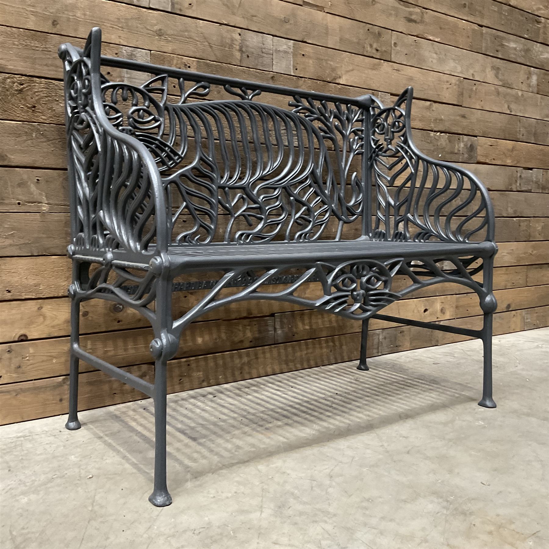 Richard Bawden (1936-2024); - Cat design painted cast iron garden bench