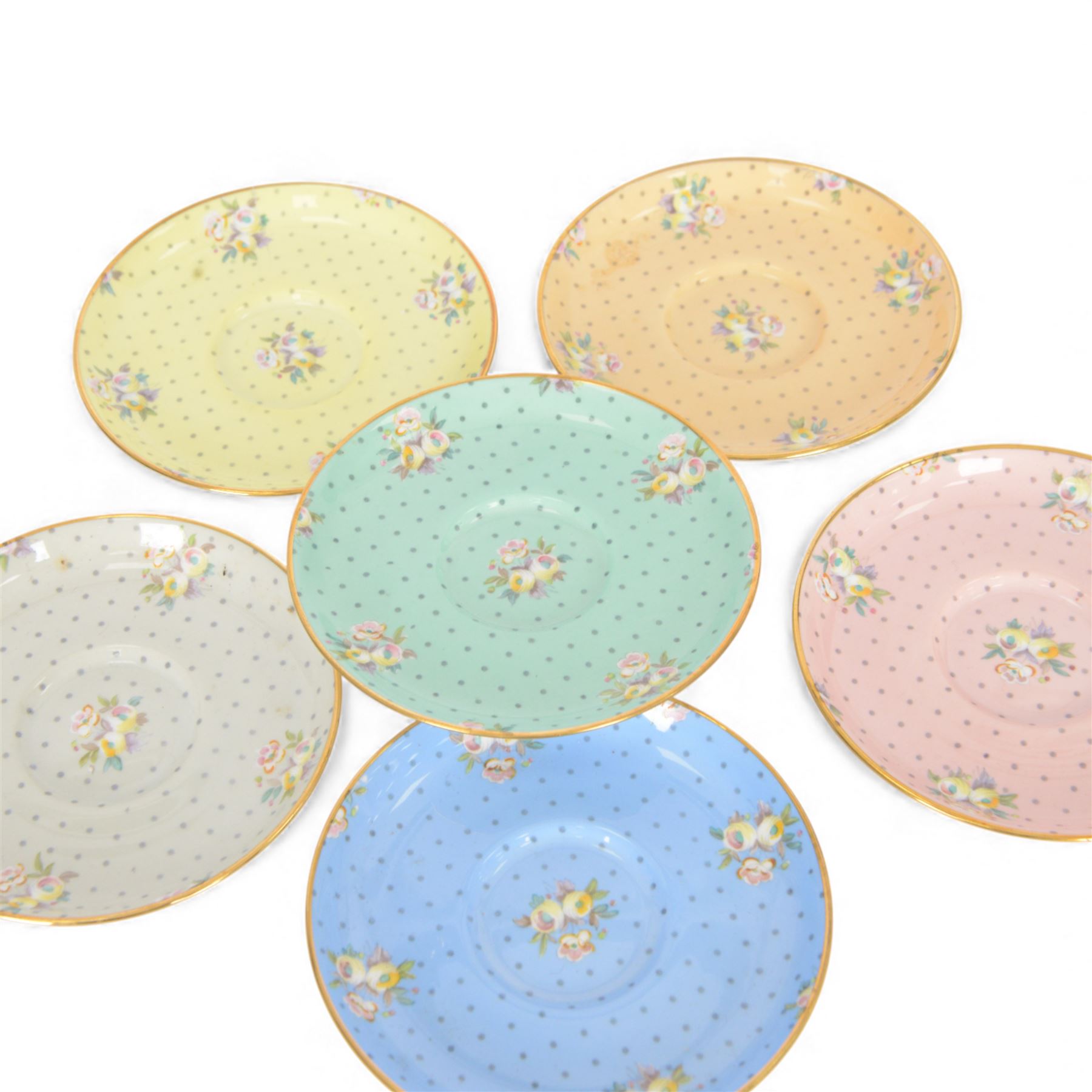 Spode six coffee cups and saucers cased set, decorated with floral sprigs on a polka dot ground with gilt detail