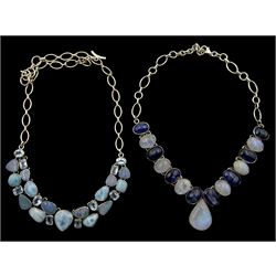 Silver blue topaz, larimar and opal doublet necklace and a silver moonstone necklace, both stamped 925