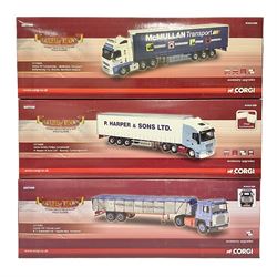 Corgi - Hauliers of Renown, three 1:50 scale models comprising CC14020 Volvo FH Curtainside - McMullan Transport Balleymoney, Co. Antrim, Northern Ireland no.820/1750; CC15006 Iveco Stralis Fridge Curtainside P. Harper & Sons Ltd - Ramsey, Cambridge, no.987/1000; CC15303 Scania 141 Canvas Load R. T. Keedwell Ltd - Highbridge, Somerset no.876/1000; all boxed 