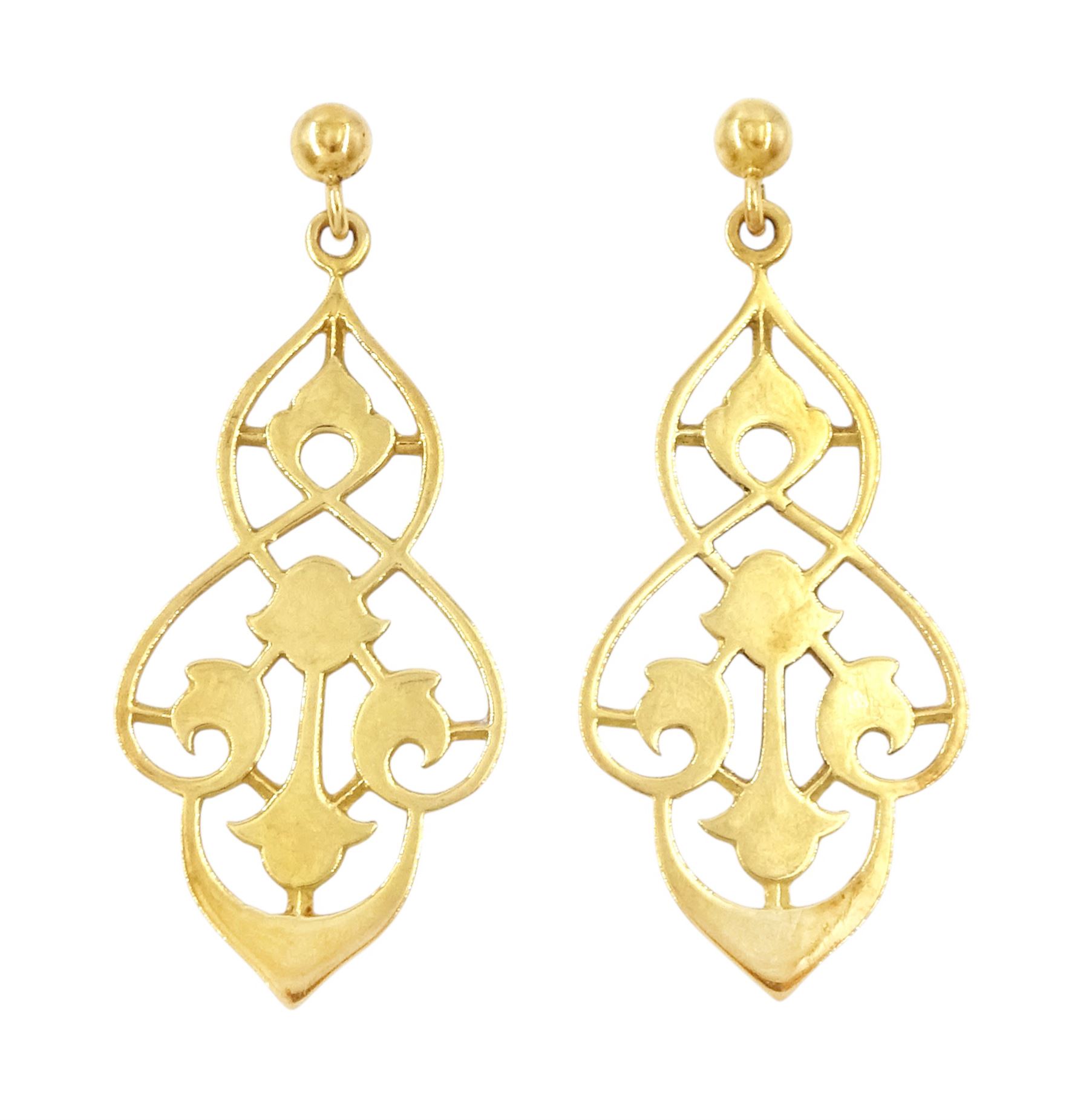 Pair of 18ct gold pierced design pendant stud earrings