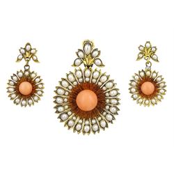 Victorian gold coral and split pearl flower head pendant, with pair of matching stud earri...