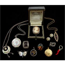 9ct gold garnet and seed pearl pendant necklace, silver enamel pendant necklace by Charles Horner, Chester 1913, enamel locket pendant and butterfly, George III silver buckle, Birmingham 1814, pair of 9ct gold pearl cluster stud earrings, 9ct gold locket, silver cameo ring and other silver pendants