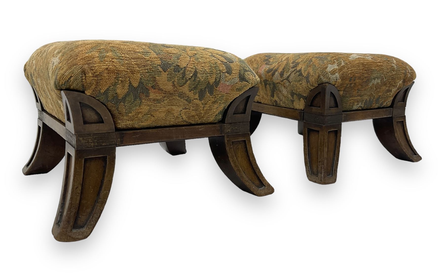 Pair of early 20th century miniature footstools, square seat covered in gold and orange floral patterned tapestry fabric, on carved wooden frame with splayed supports 