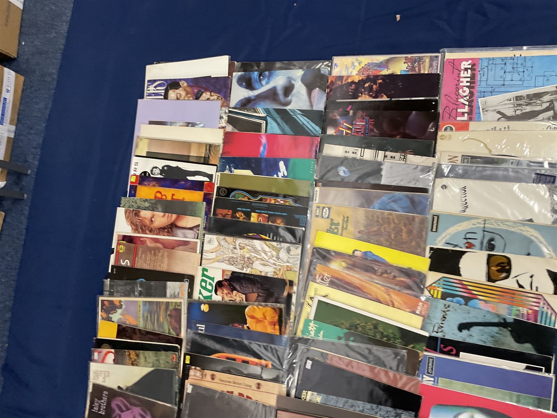 Quantity of vinyl records including Pat Travers 'Makin Magic', Poco 'Legend', Peter Gabriel 'Plays Live', Jethro Tull 'Living In The Past', Joe Cocker 'With A Little Help From My Friends' and other music, approximately 100, in one box