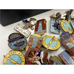 Collection of Butlins enamel pin badges, mostly 1940s/50s Filey examples, together with other enamel pins and costume jewellery