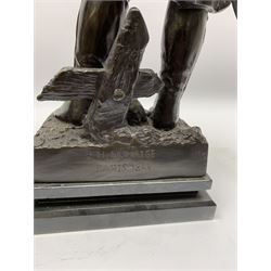 After Etienne-Henri Dumaige (1830-1888): 'Avant de Combat Volontaire de 1792' and 'Apres de Combat Grenaider de 1792', pair of large bronze figures modelled as French Revolutionary soldiers, each upon rectangular stepped black marble base, signed E H Dumaige, Paris 1888, tallest example H68.5cm